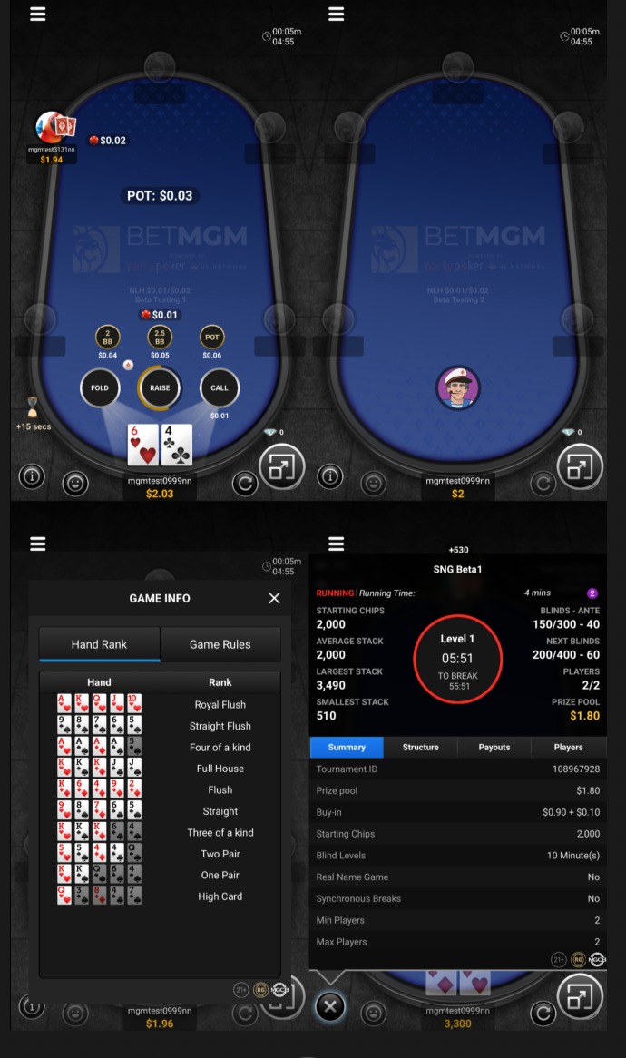 Tables of BetMGM Poker App as shown on a mobile screen.