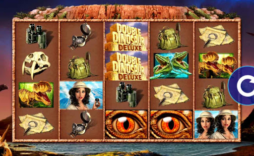 Screenshot of the reels in Double Dinosaur Deluxe, an online slot by High 5 Games.