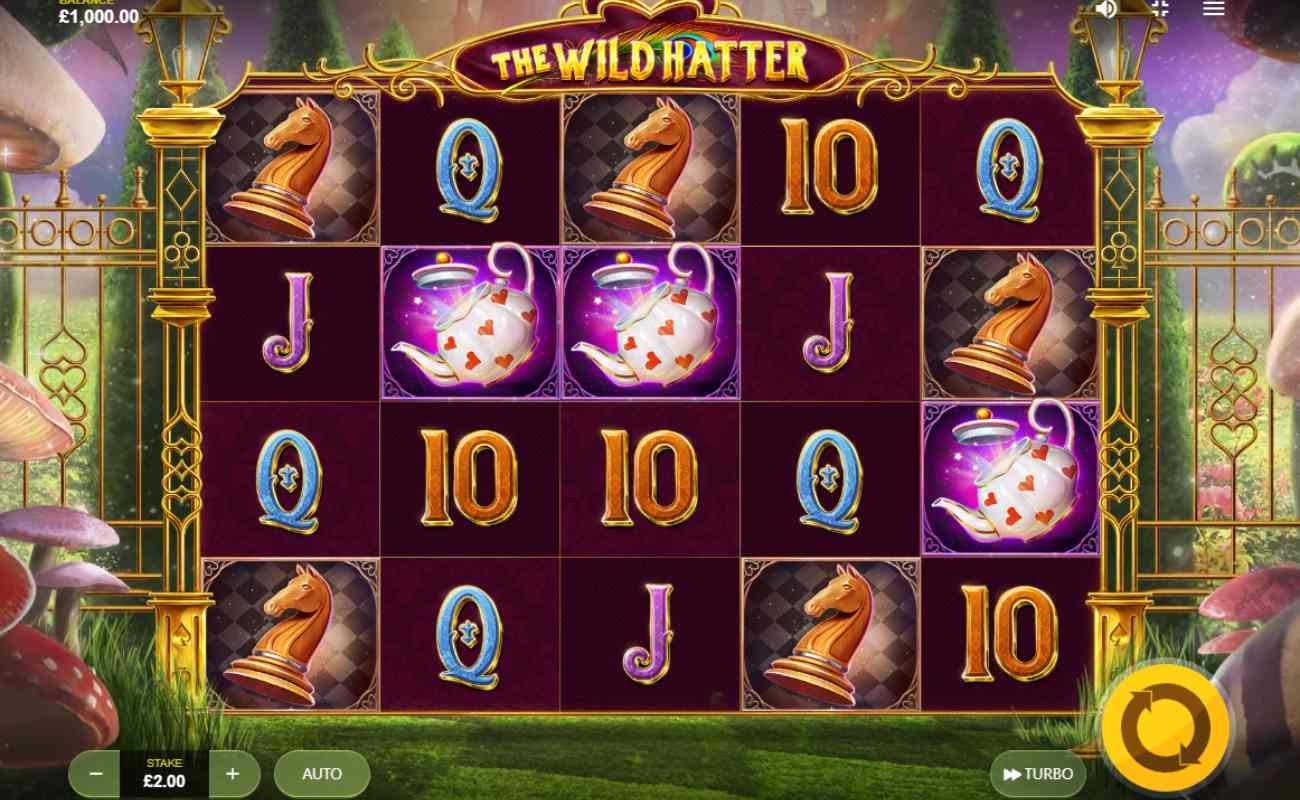 Screenshot of the reels in Wild Hatter, an online slot by Red Tiger.