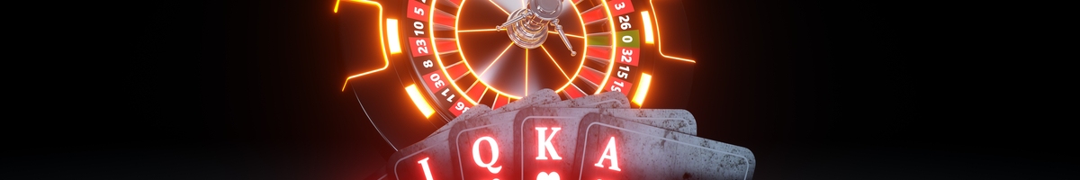 Neon lit casino games concept with hand of cards and roulette wheel
