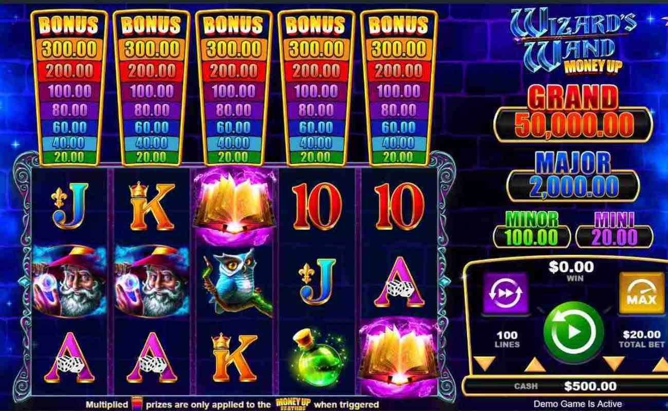 Screenshot showing the reels of Wizard’s Wand Money Up online slot.