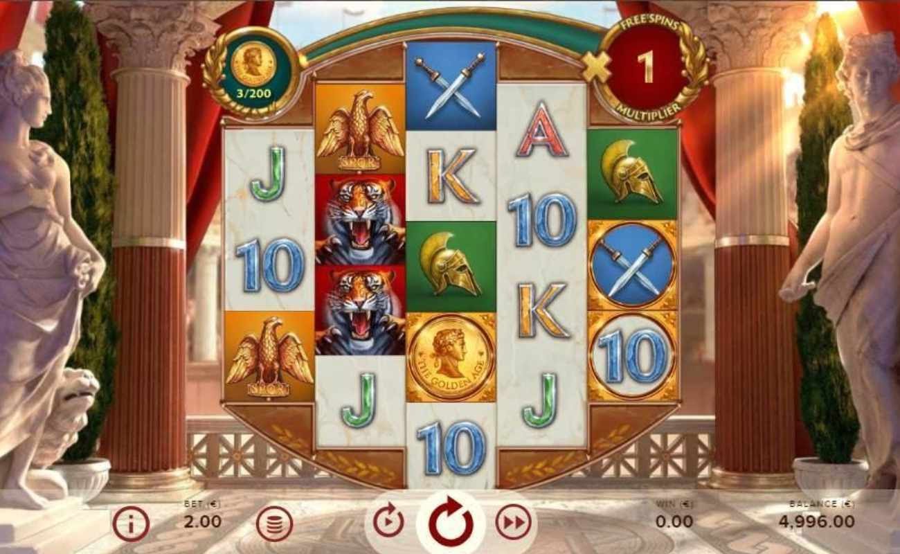 Screenshot of the reels in Rome: The Golden Age online slot.