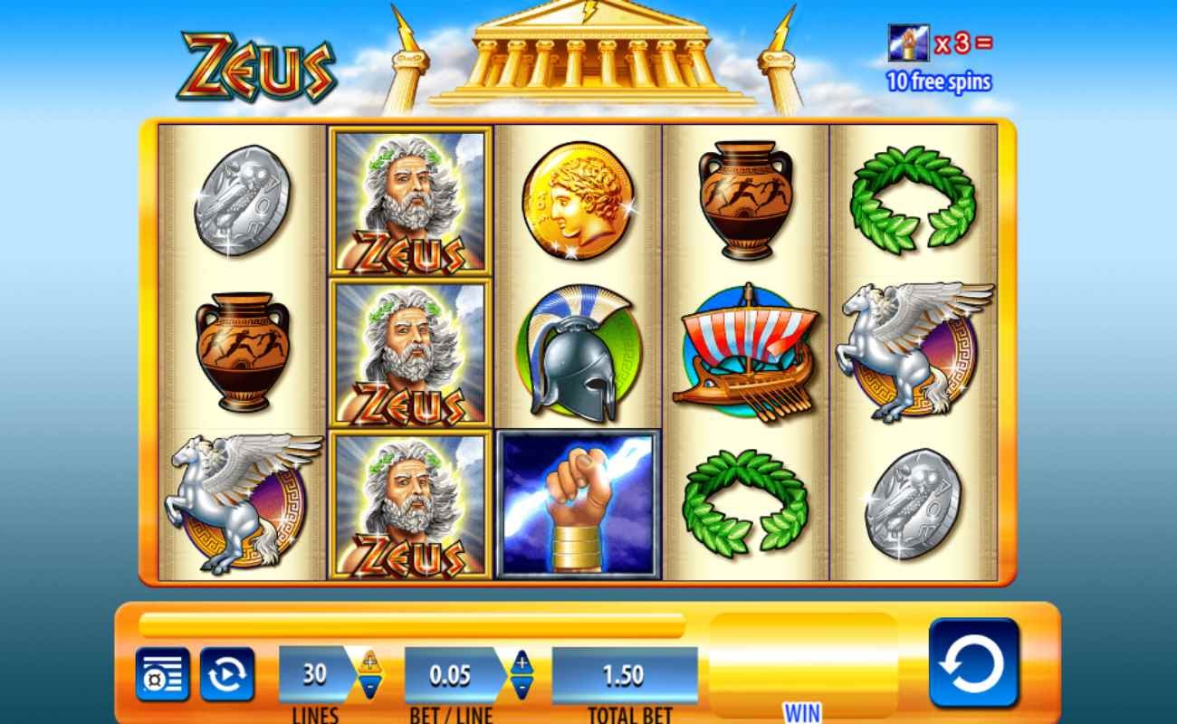 Screenshot of the reels in Zeus online slot.