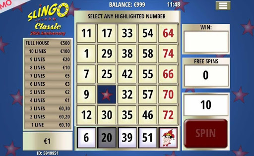 Screenshot of the grid and surrounding elements in Slingo Classic.