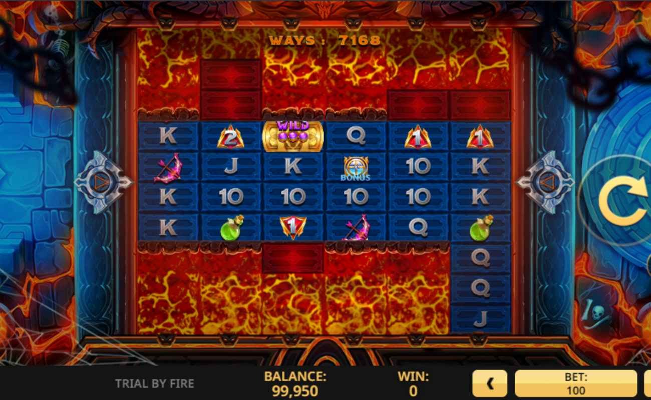 Screenshot of the reels in Trial by Fire online slot.