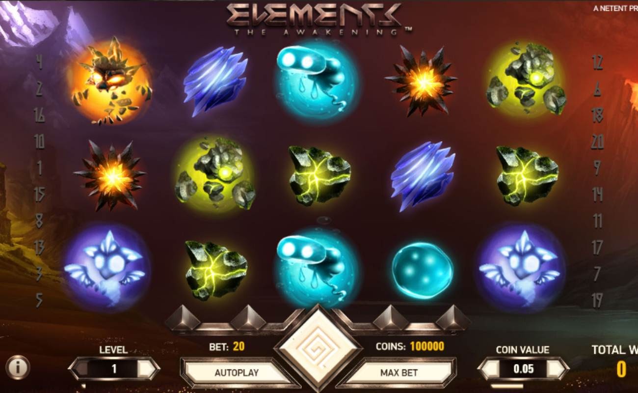 Screenshot of the reels in Elements online slot.