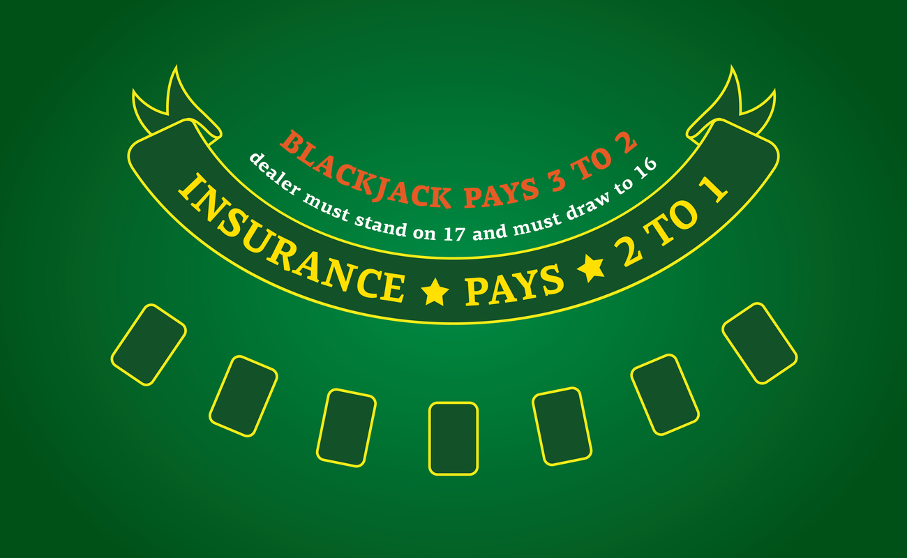 Green casino table with yellow detailing explaining blackjack rules and insurance bet payout values.