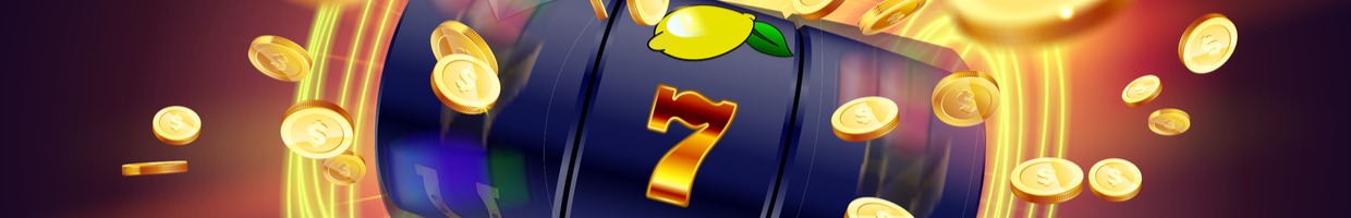 Online slot reels spinning with golden coins flying about.