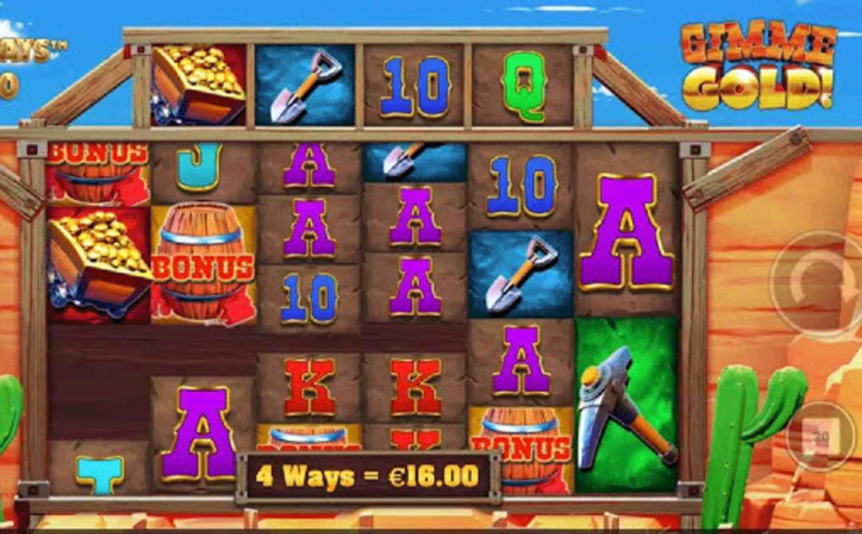 The reels of the online slot Gimme Gold! Megaways, set on a rocky backdrop.