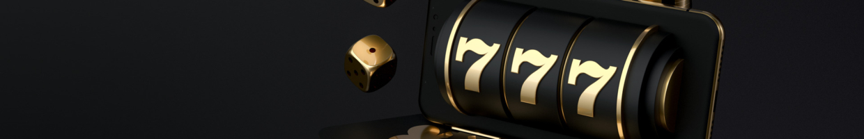 A 3D render of a black and gold slot reel, with a golden die next to it.