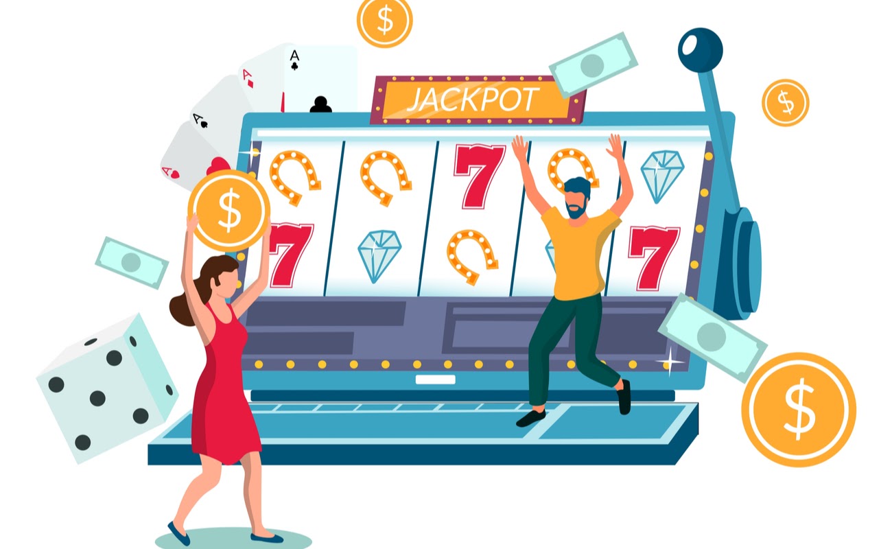 Illustration of people playing online slots on a laptop.