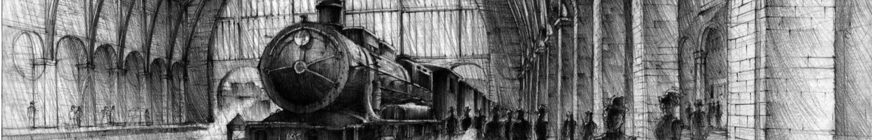 Pencil sketch of a steam train entering a railway terminal in the Victorian era.
