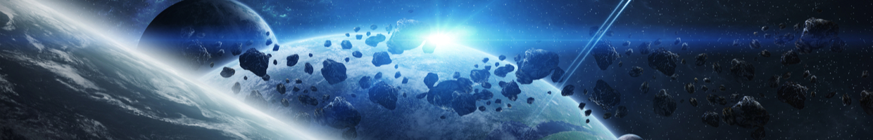 A view of planets and meteorite fragments against a blue background.
