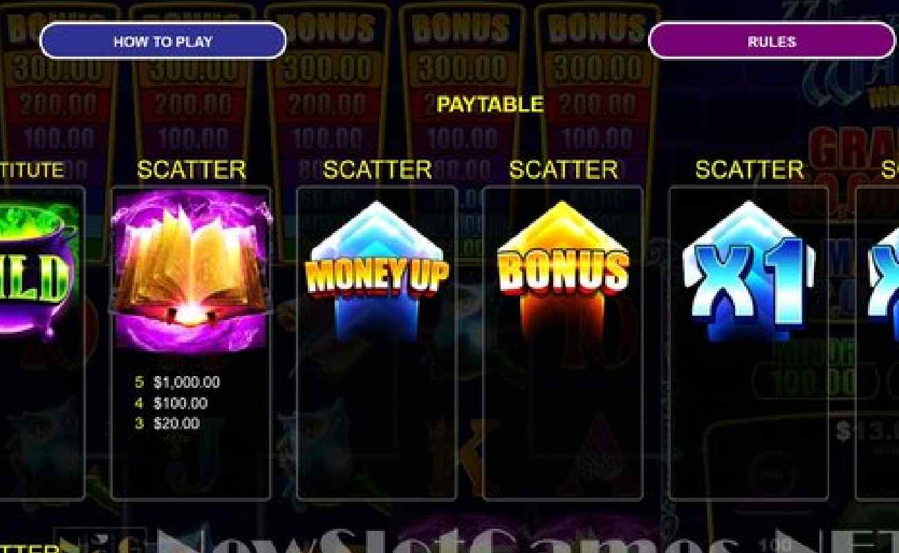 Game screen from Wizard’s Wand Money Up online slot showing features like the scatter.