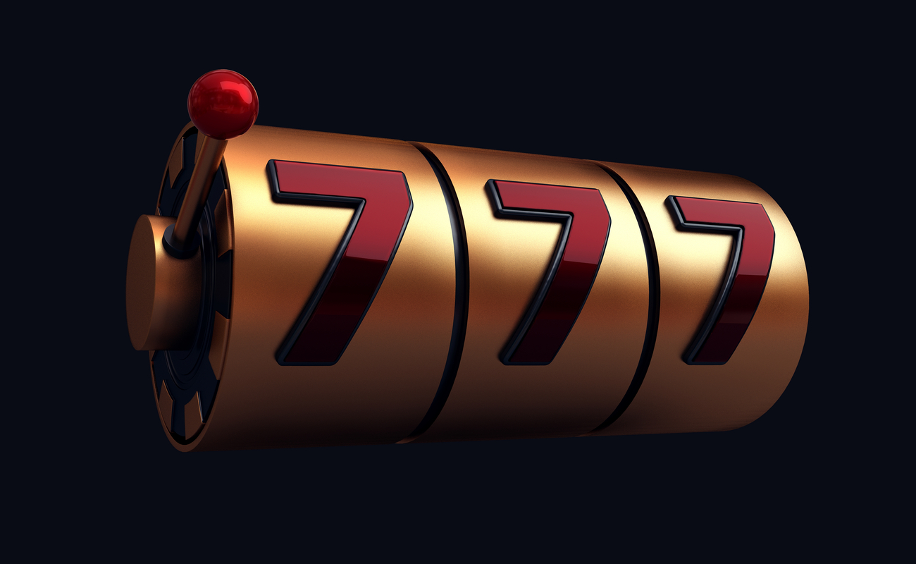 3D concept of a gold slot machine with red lucky number 7 symbols and a lever.