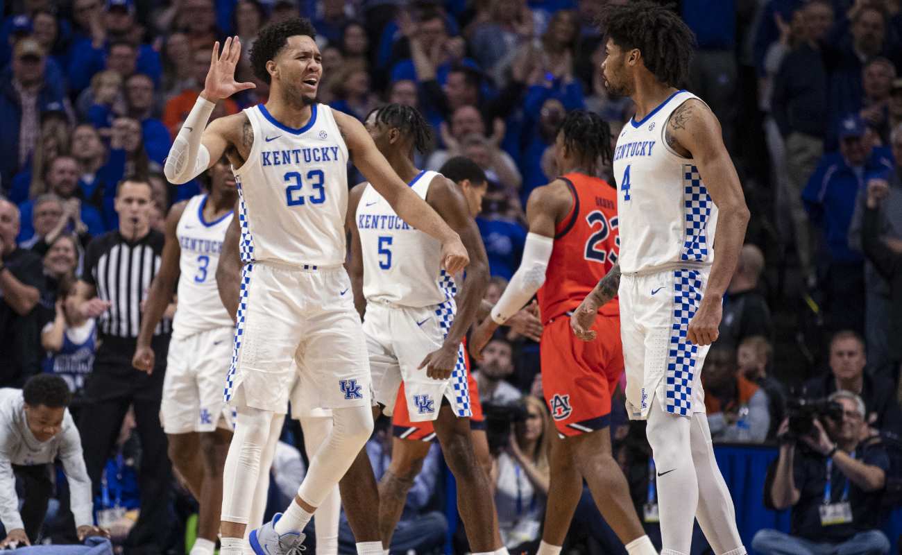 EJ Montgomery #23 and Nick Richards #4 of Kentucky Wildcats celebrate during game at Rupp Arena