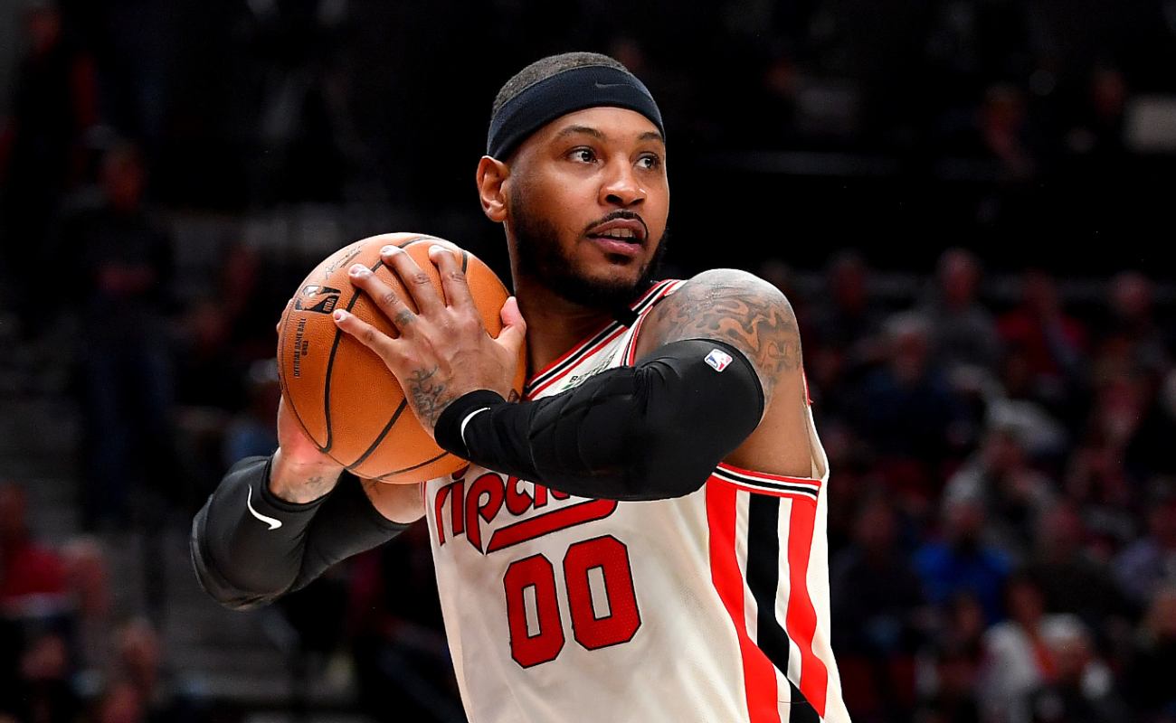 Carmelo Anthony of Portland Trail Blazers grabs a rebound during game against the Washington Wizards at Moda Center