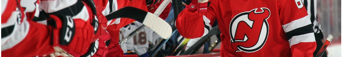 Jesper Bratt #63 of the New Jersey Devils celebrates his goal the Prudential Center, March 2020