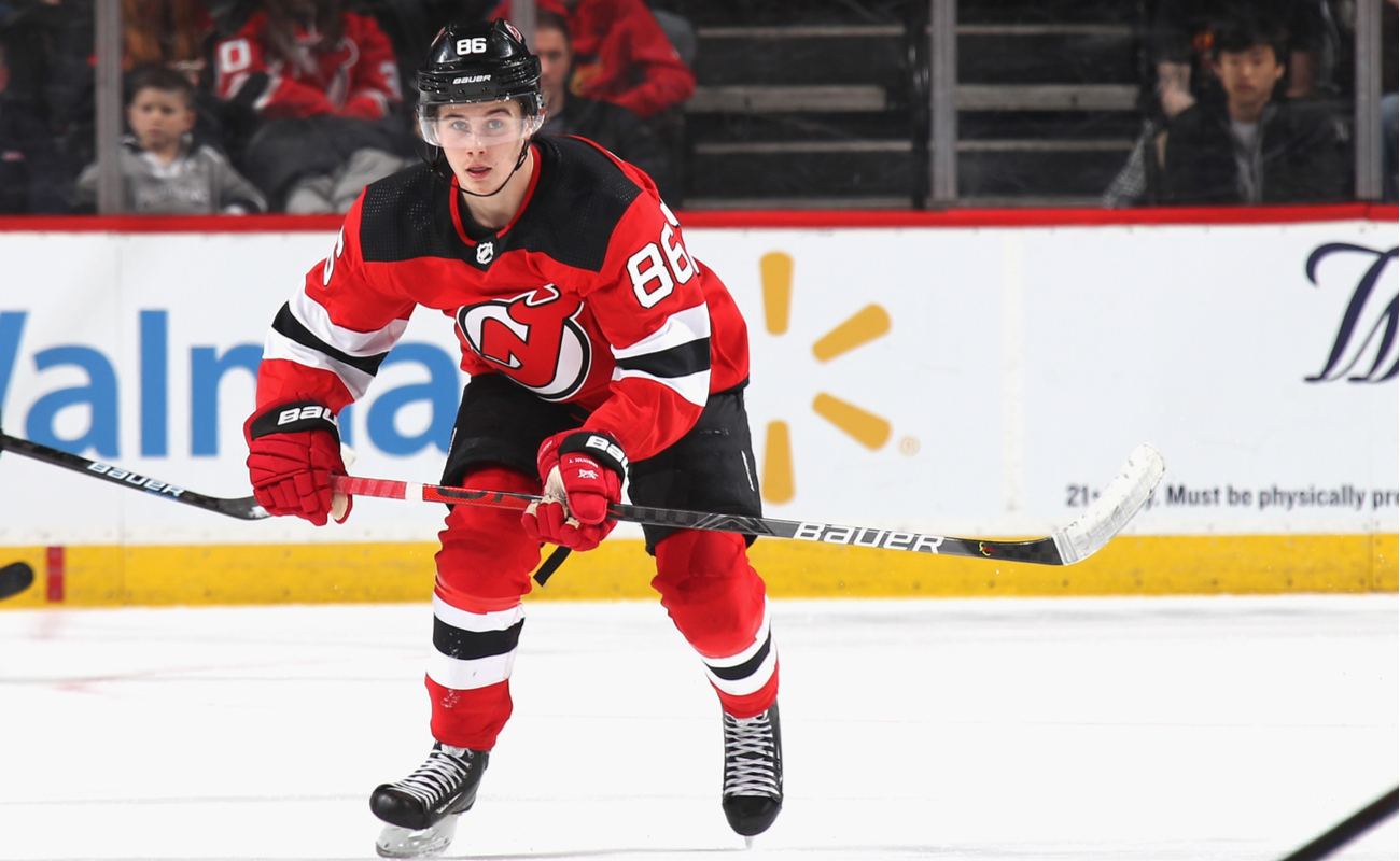 Jack Hughesof New Jersey Devils skates against the St. Louis Blues at the Prudential Center