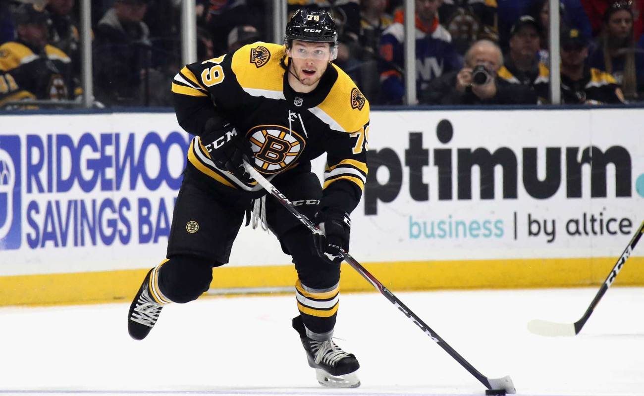 Jeremy Lauzon #79 of the Boston Bruins skates against the New York Islanders at NYCB Live's Nassau Coliseum