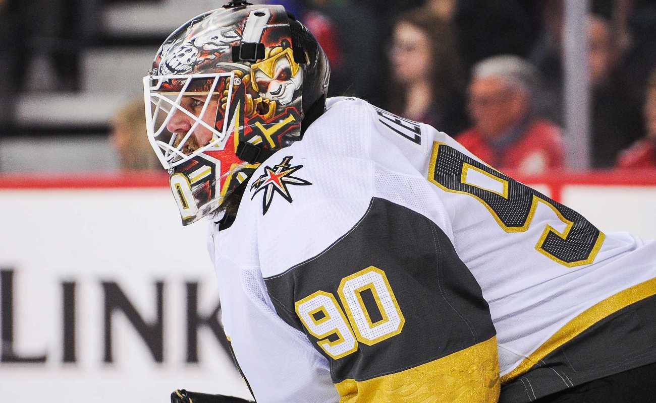 Robin Lehner #90 of the Vegas Golden Knights in action during NHL game at Scotiabank Saddledome