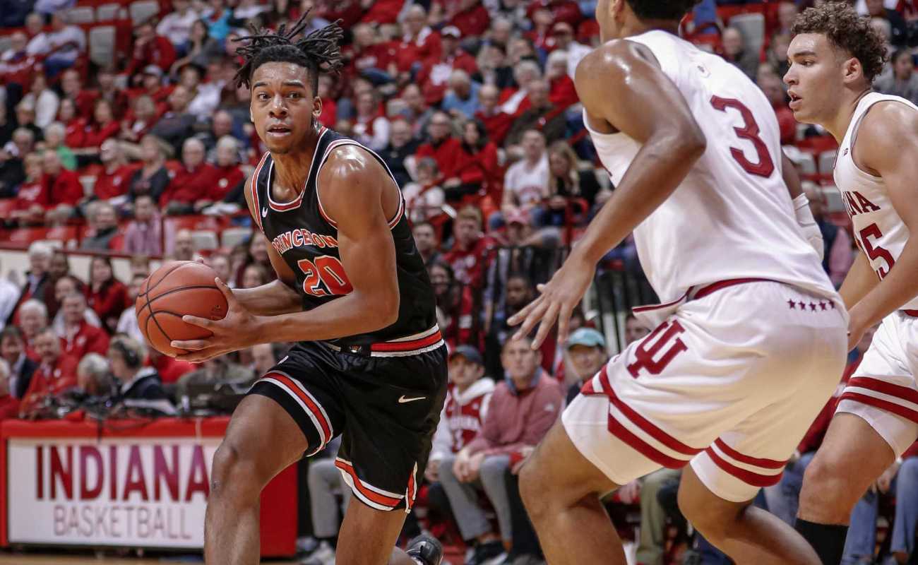 Tosan Evbuomwan of Princeton Tigers drives to the basket during game against Indiana Hoosiers
