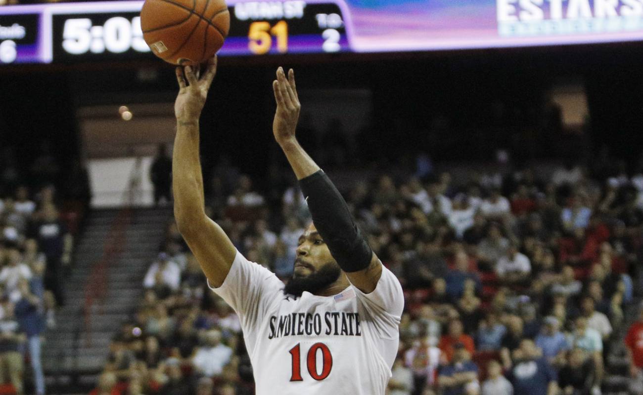 KJ Feagin #10 of the San Diego State Aztecs goes for the shot during the championship game of Mountain West Conference basketball tournament