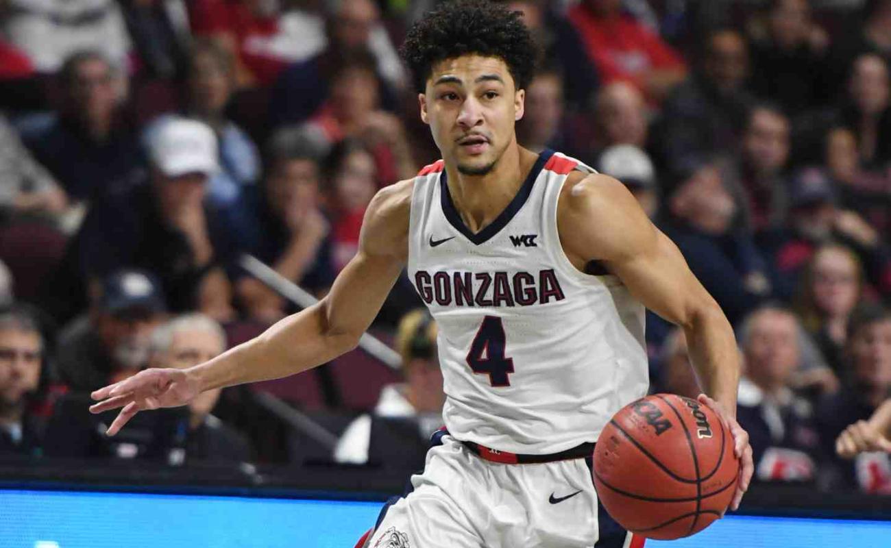 Ryan Woolridge of Gonzaga Bulldogs brings the ball up the court at West Coast Conference basketball tournament