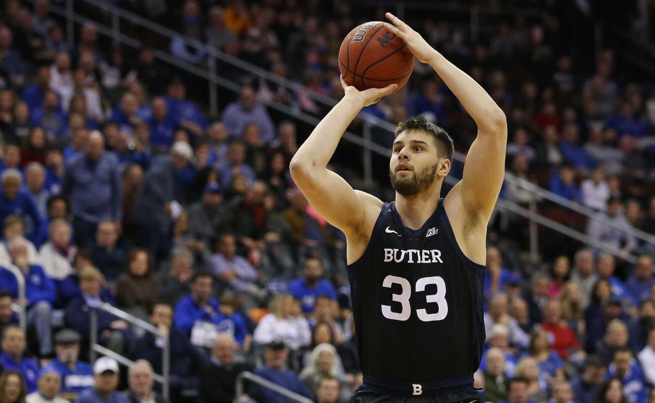 Bryce Golden #33 of the Butler Bulldogs makes shot at Prudential Center