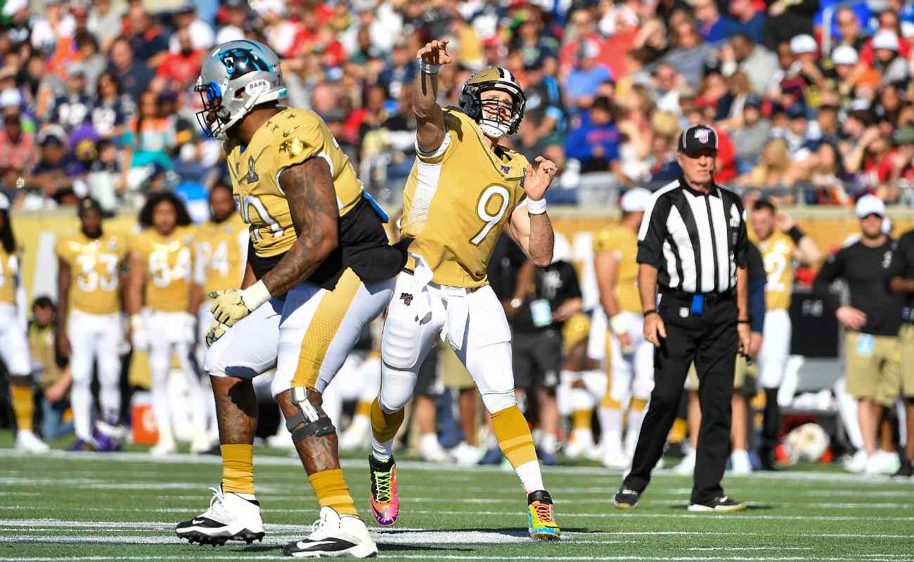 Drew Brees #9 of the New Orleans Saints looks to pass during the 2020 NFL Pro Bowl at Camping World Stadium
