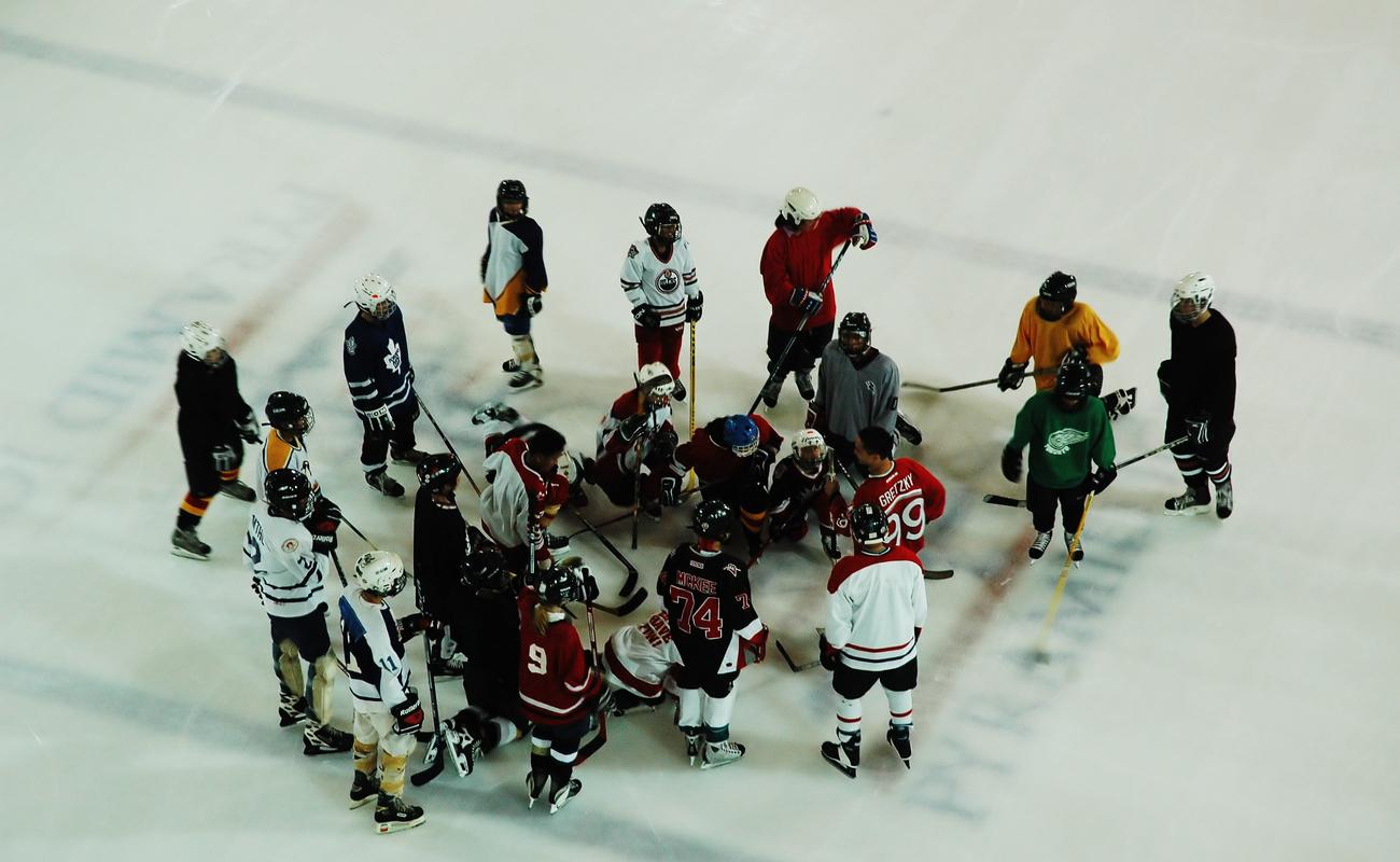 A team of junior ice hockey players in practice