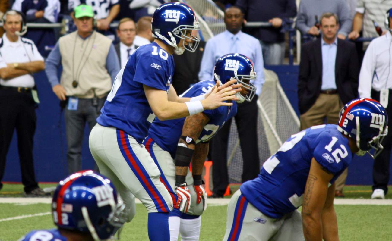 New York Giants in their blue jerseys