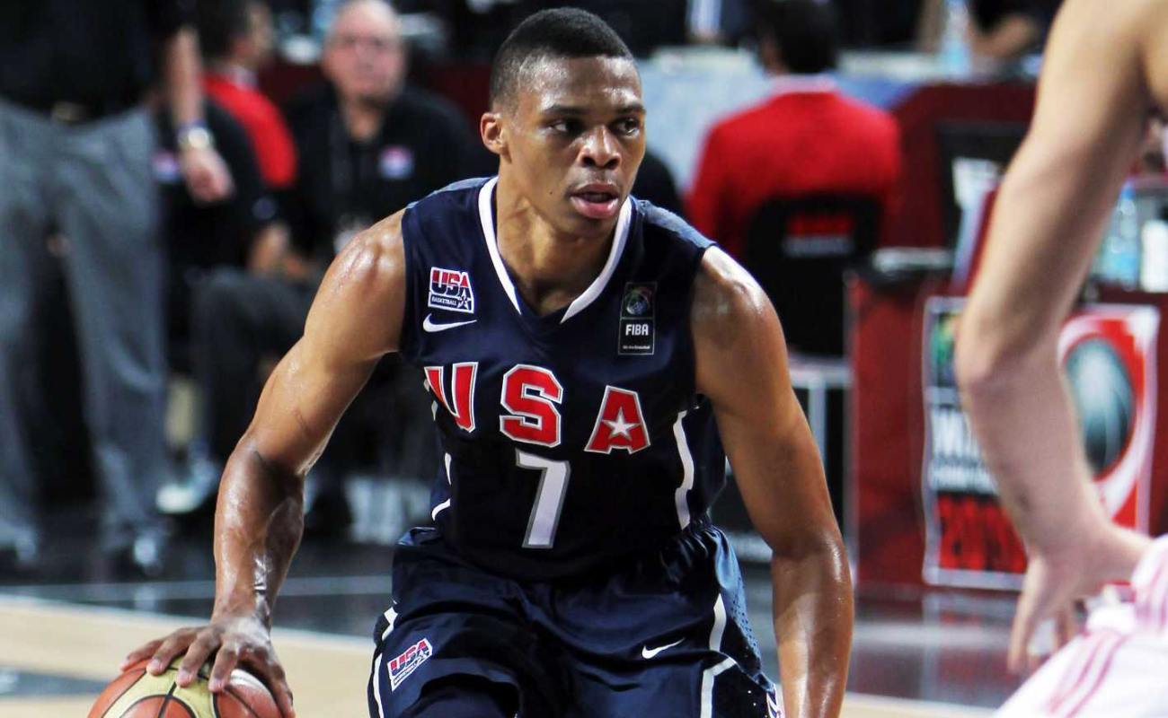 Russel Westbrook (L) of USA in action at the 2010 World Championships of Basketball during the final game between USA and Turkey