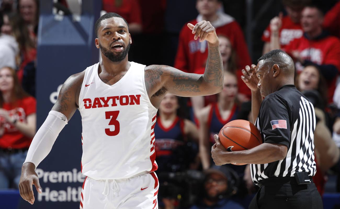 Trey Landers #3 of the Dayton Flyers reacts during a game against the George Washington Colonials