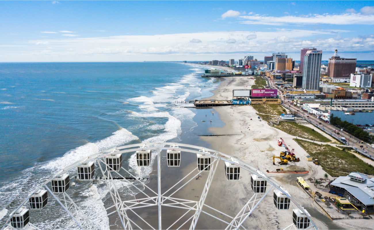 Atlantic City waterline aerial view of casinos and boardwalk