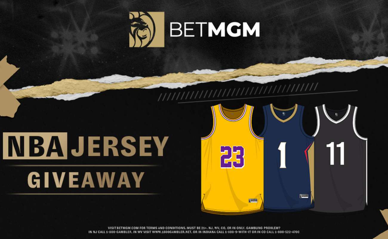 three NBA jerseys below the BetmGM logo and next to the phrase NBA jersey givaway