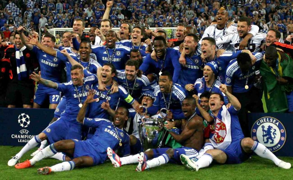 Players of Chelsea FC celebrate with the trophy after winning the UEFA Champions League final