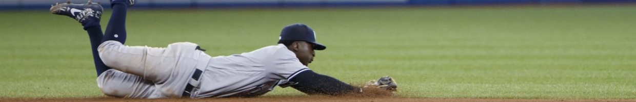 Baseball player Didi Gregorius of the New York Yankees dives for a ground ball off the bat of Bo Bichette of the Toronto Blue Jays