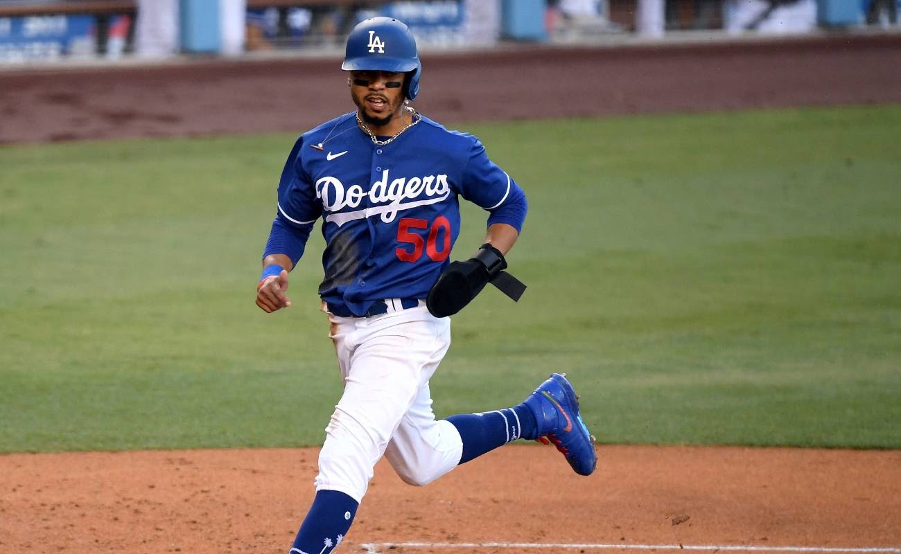 Mookie Betts #50 of the Los Angeles Dodgers scores a run during game against Arizona Diamondbacks