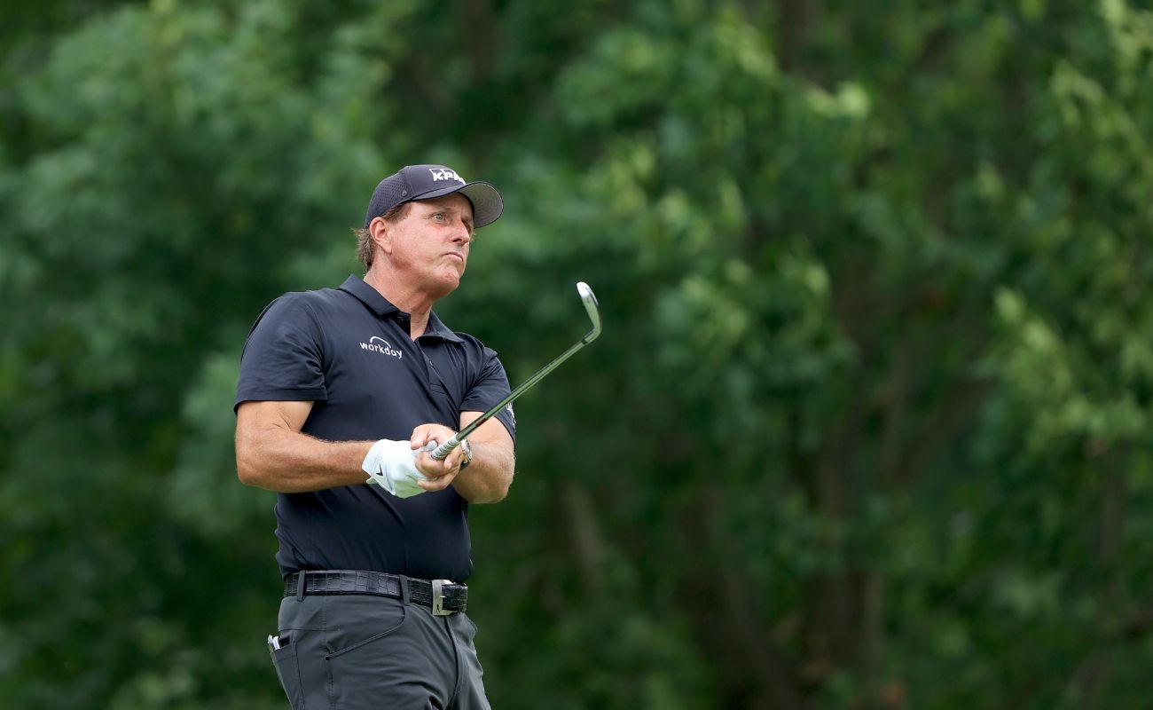 Phil Mickelson of the United States plays his shot during The Memorial Tournament on July 16, 2020