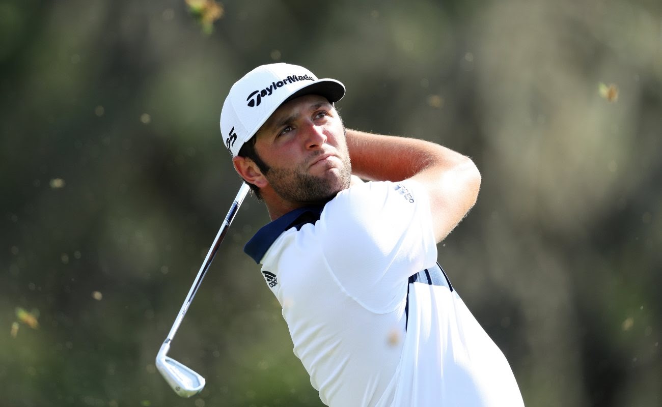 Jon Rahm plays his shot during THE PLAYERS Championship at the Stadium course 2017