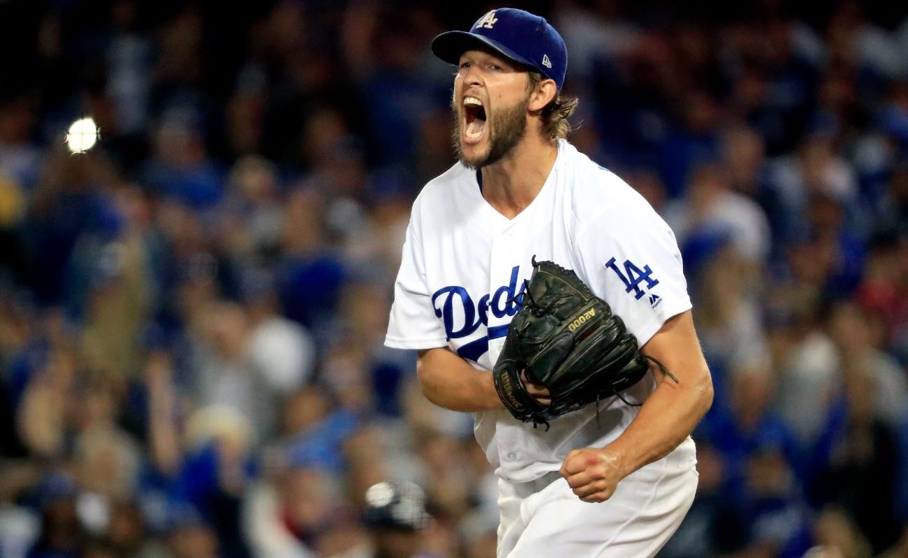 Dodgers player Clayton Kershaw celebrates on the field.