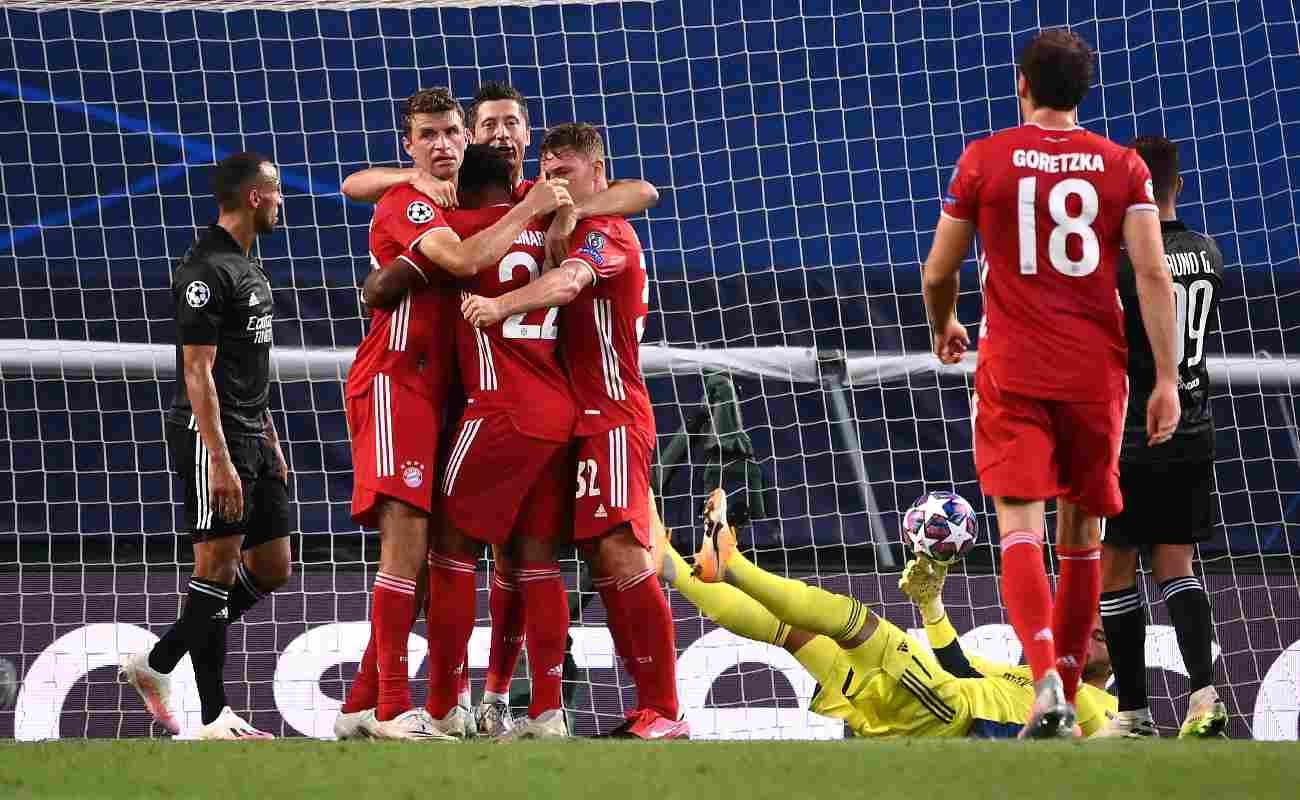 Bayern Munich Players Celebrate Scoring Against Lyon in the Semi-Finals