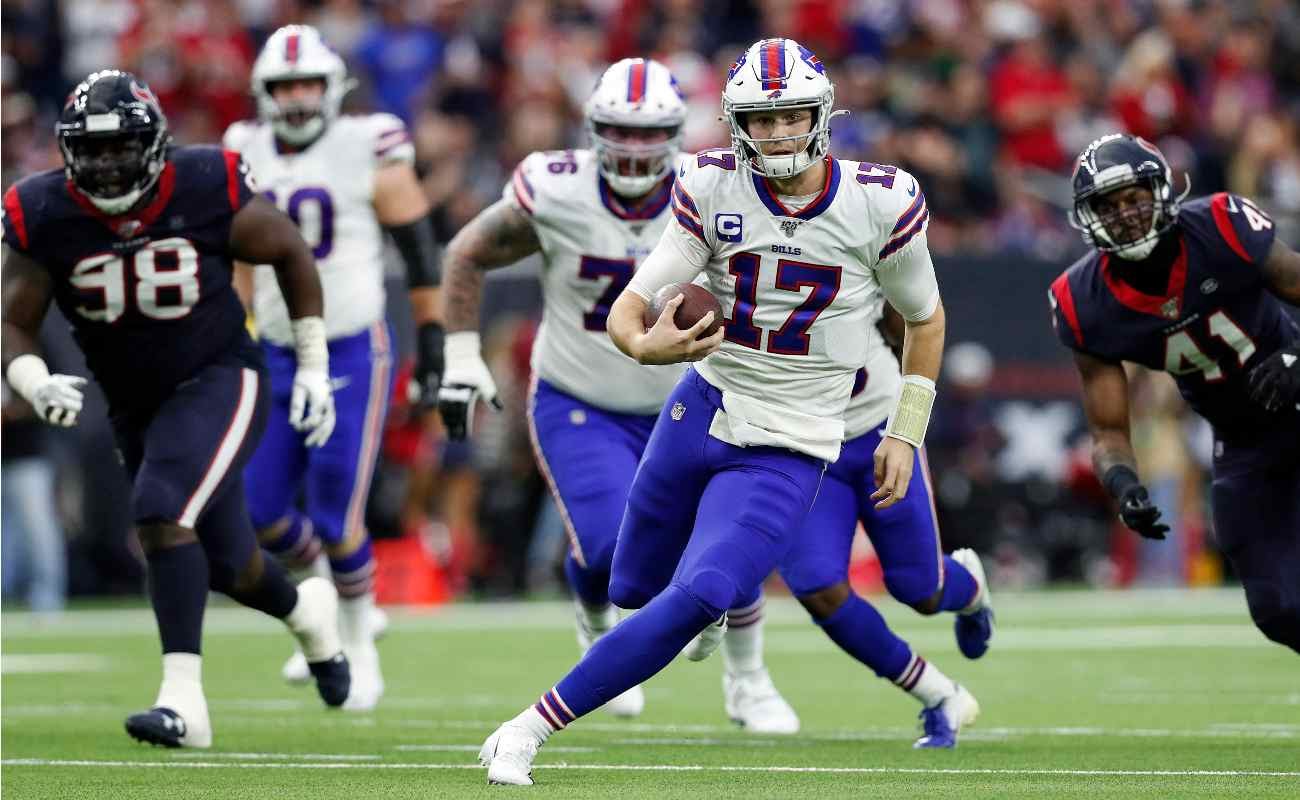 Josh Allen scrambles in the AFC Wild Card Playoff game between the Buffalo Bills and the Houston Texans