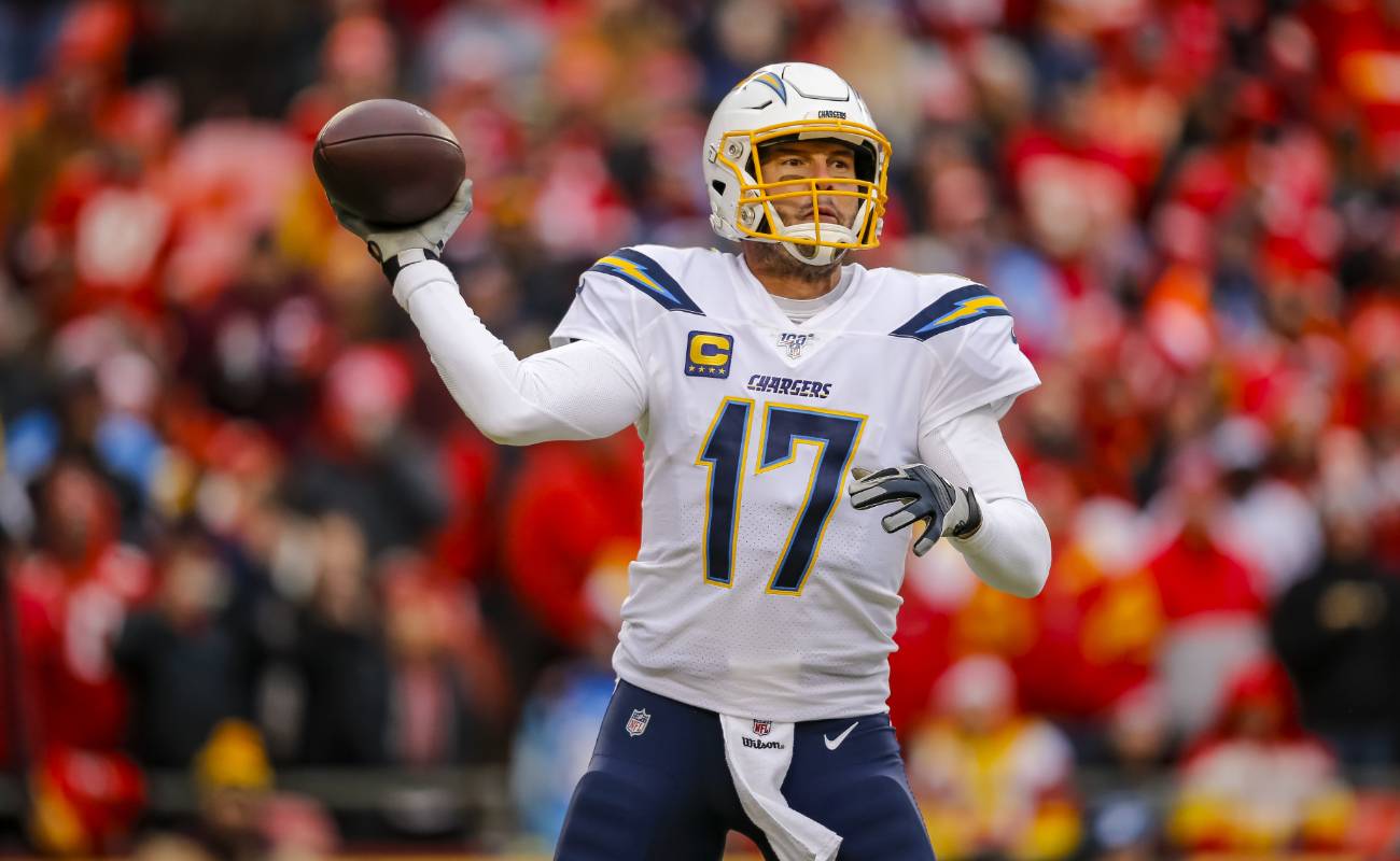Philip Rivers of Los Angeles Chargers during game against Kansas City Chiefs at Arrowhead Stadium