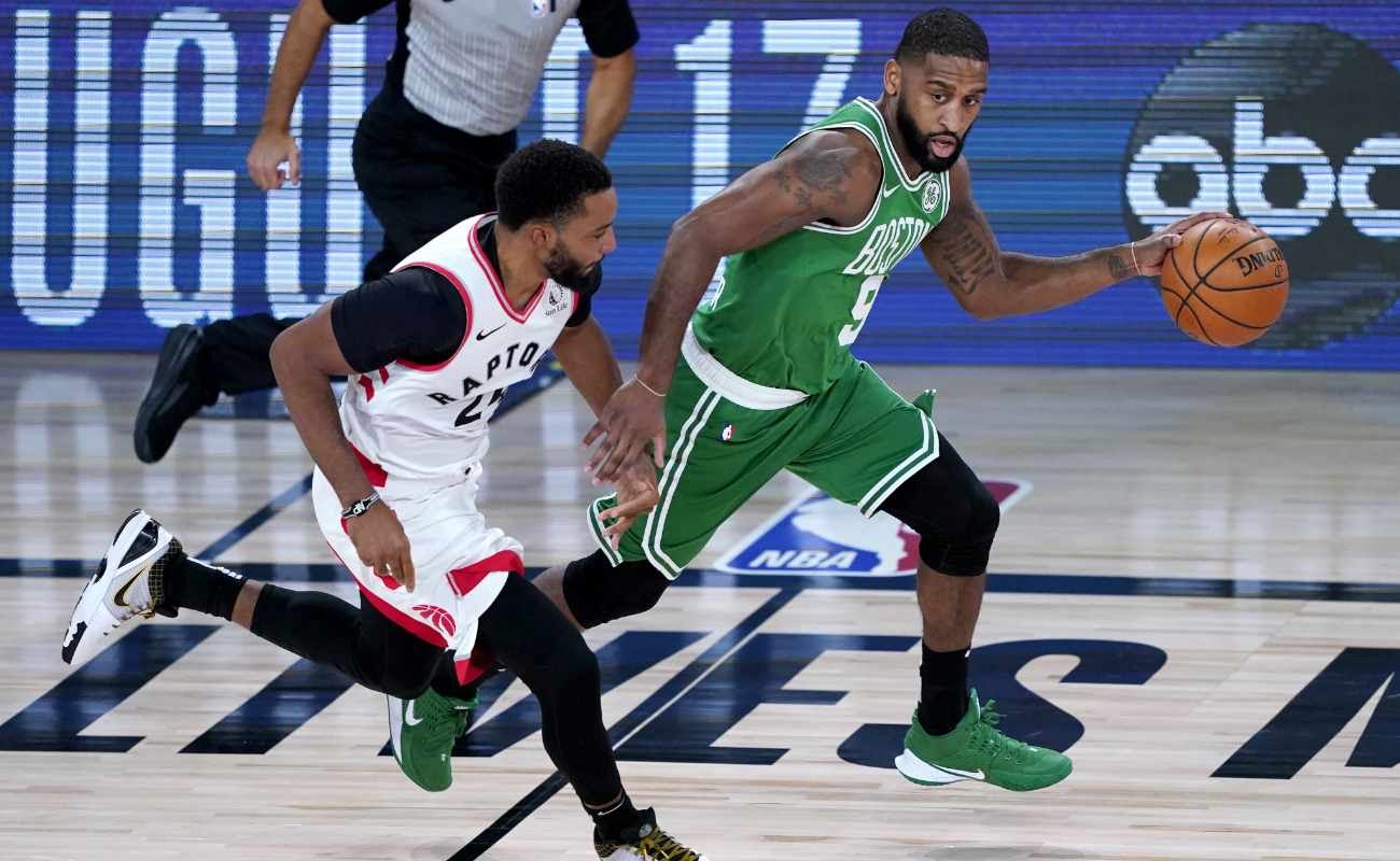 Brad Wanamaker of Boston Celtics against Norman Powell of Toronto Raptors on August 7, 2020