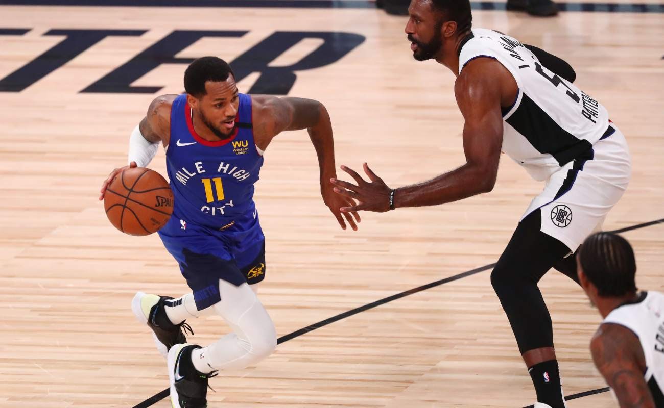 Monte Morris of Denver Nuggets against Patrick Patterson of LA Clippers on August 12, 2020
