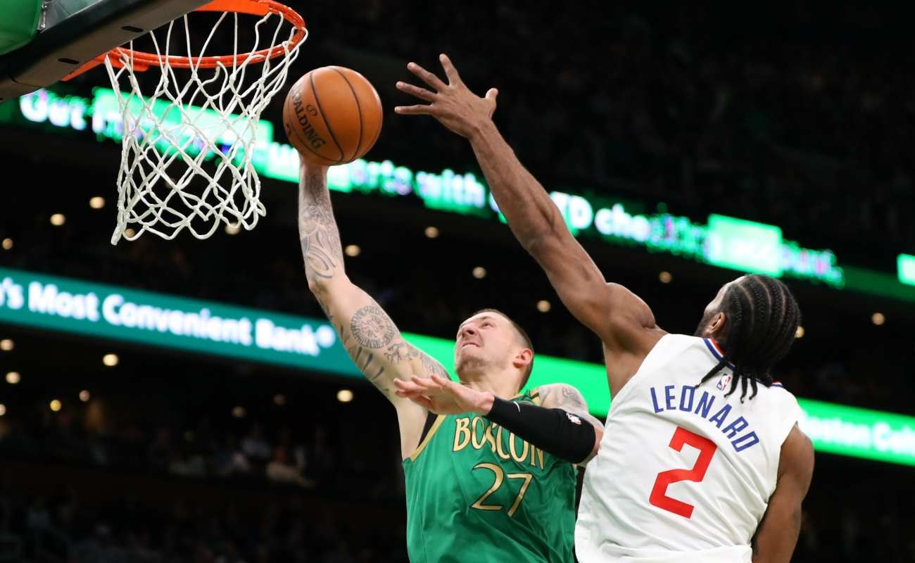 Daniel Theis of Boston Celtics against Kawhi Leonard of LA Clippers on February 13, 2020