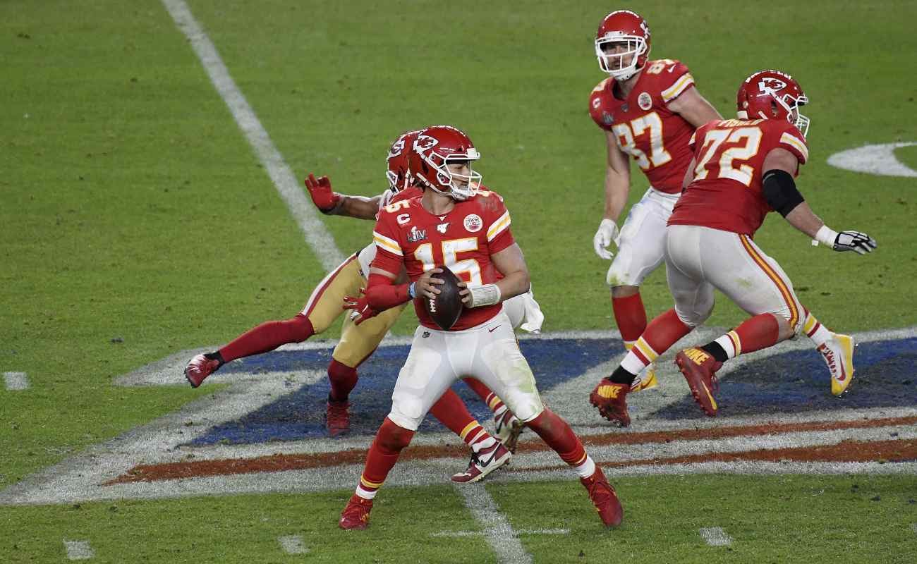 Patrick Mahomes of Kansas City Chiefs against San Francisco 49ers in Super Bowl LIV at Hard Rock Stadium