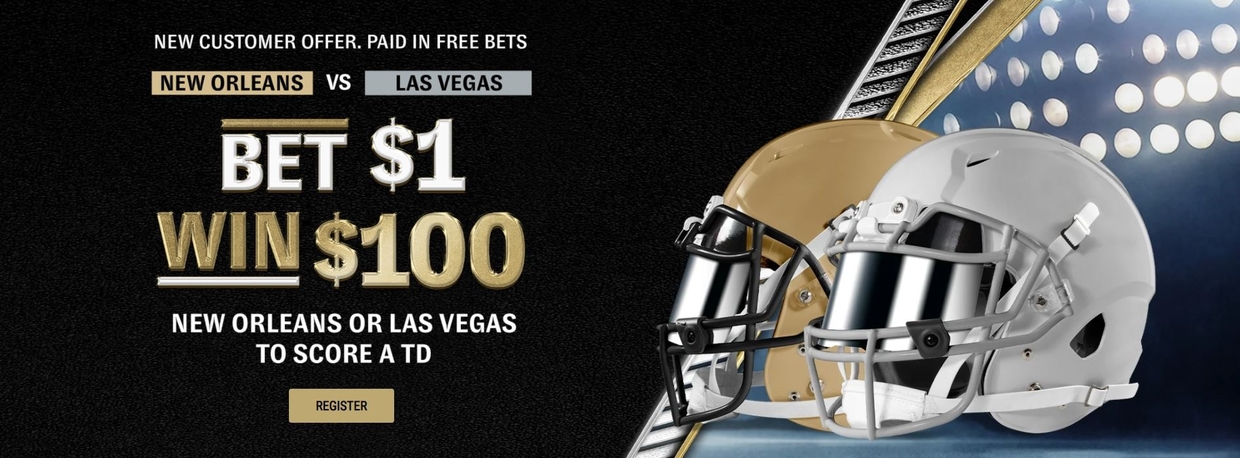 "Bet $1 Win $100 if either team scores a touchdown" offer for new customers registering at BetMGM
